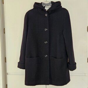 Liz Baker Women's Wool Coat Navy Blue Size M NWOT Vintage Hooded Button Front